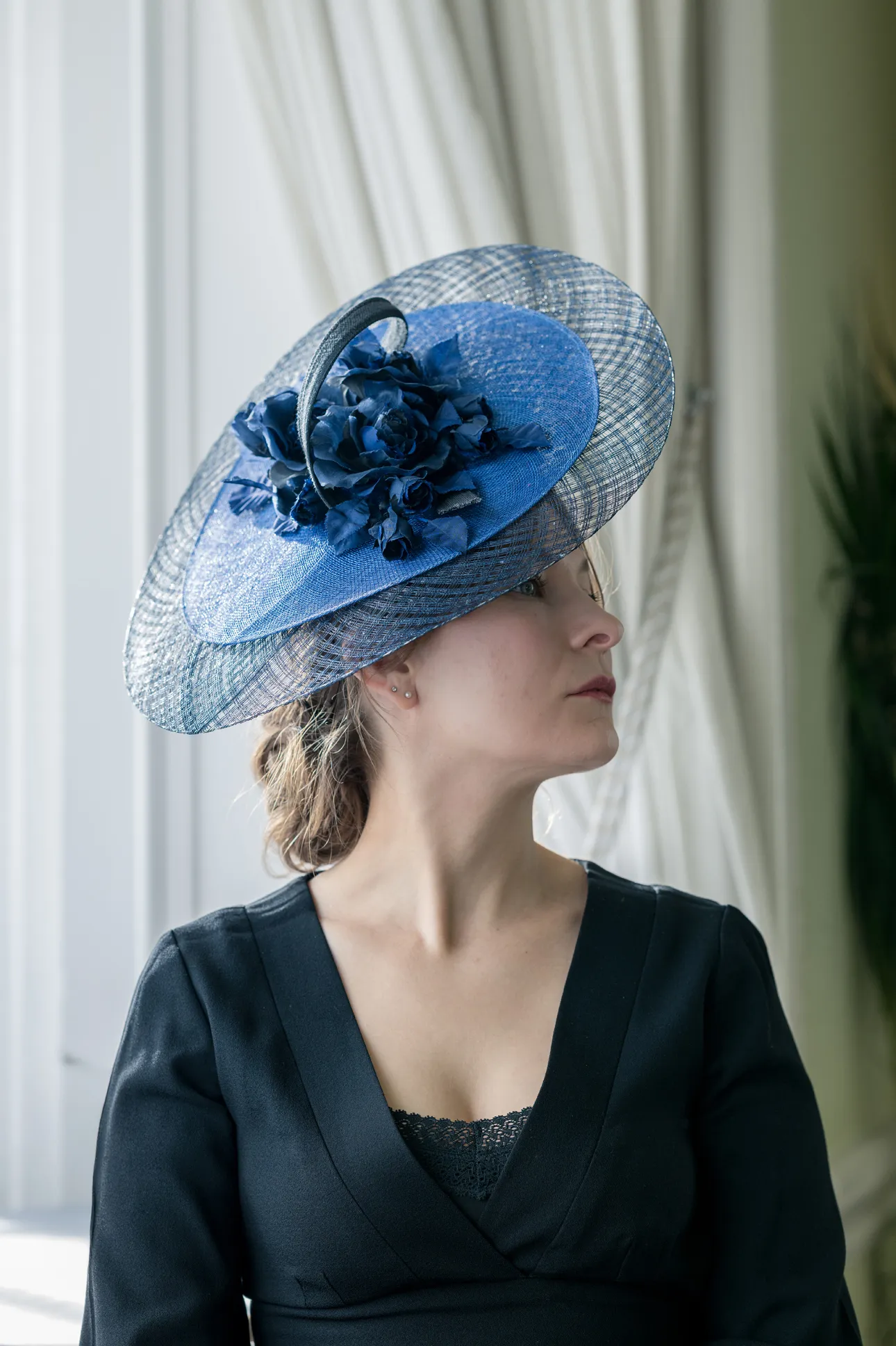 Blue Double Brim Hat with Flower Sprays