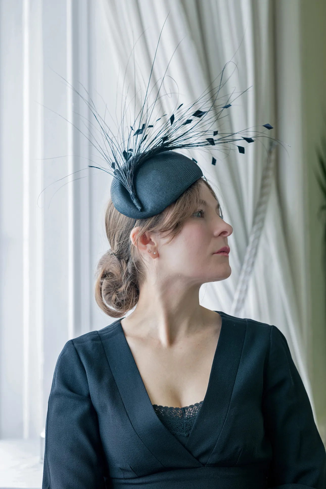 Black Fine Straw Pillbox with Feather Plume