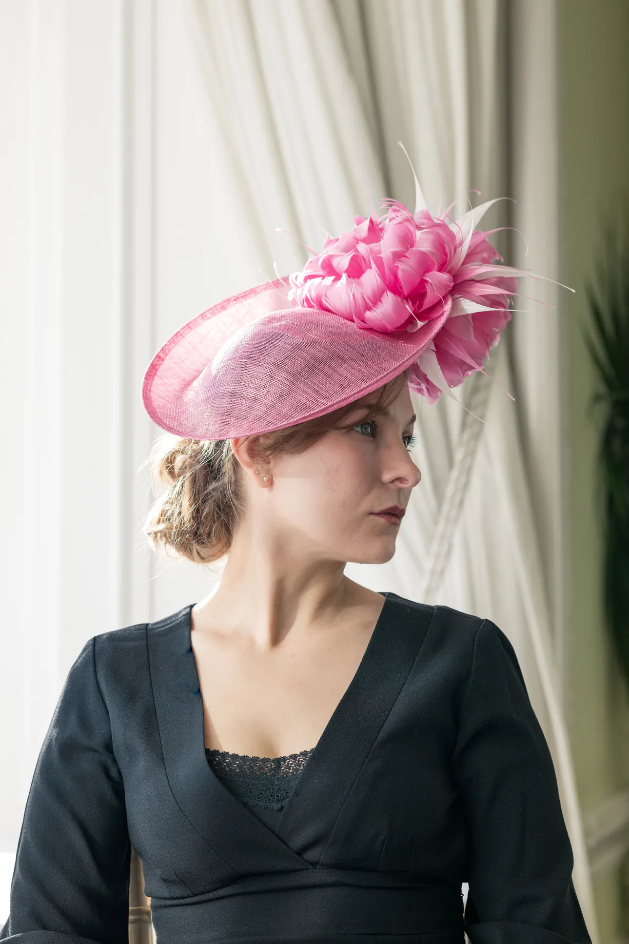 Candy Pink Hat with Feather Flowers