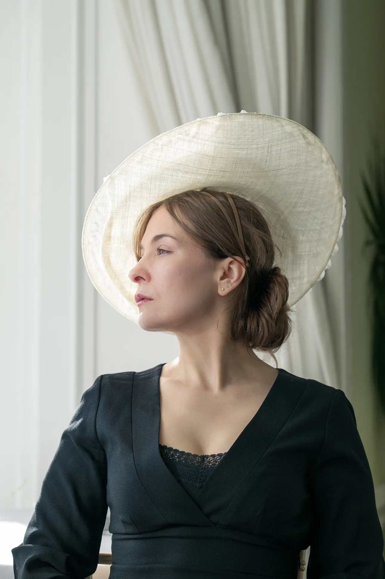 Ivory Hat with Pleated Organza Swirls
