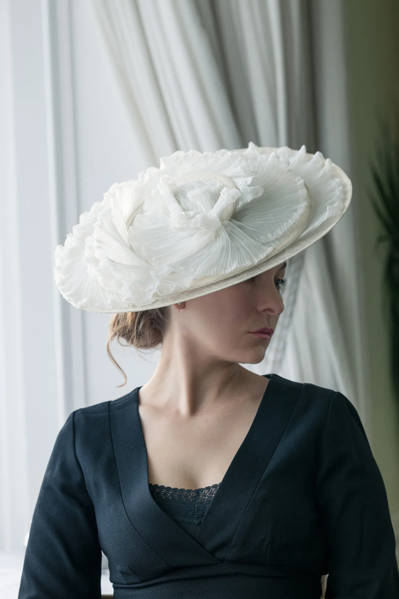 Ivory Hat with Pleated Organza Swirls