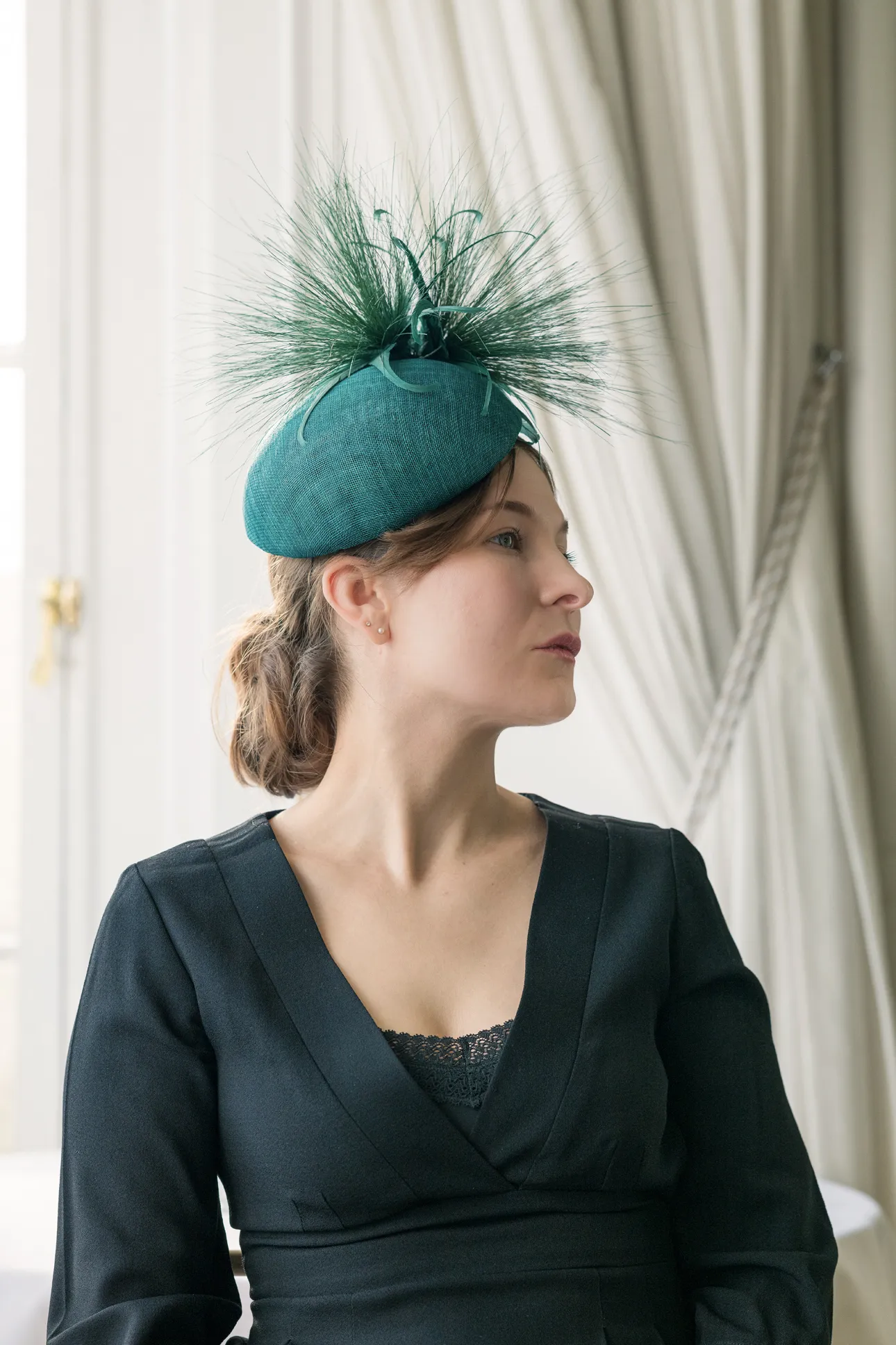 Teal Percher Hat with Feathers