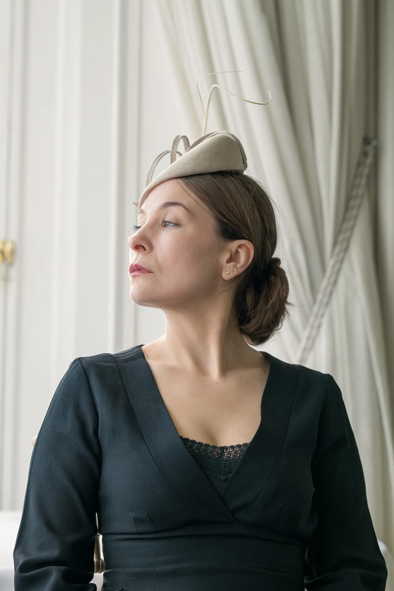 Pillbox Percher with straw swirls and quills