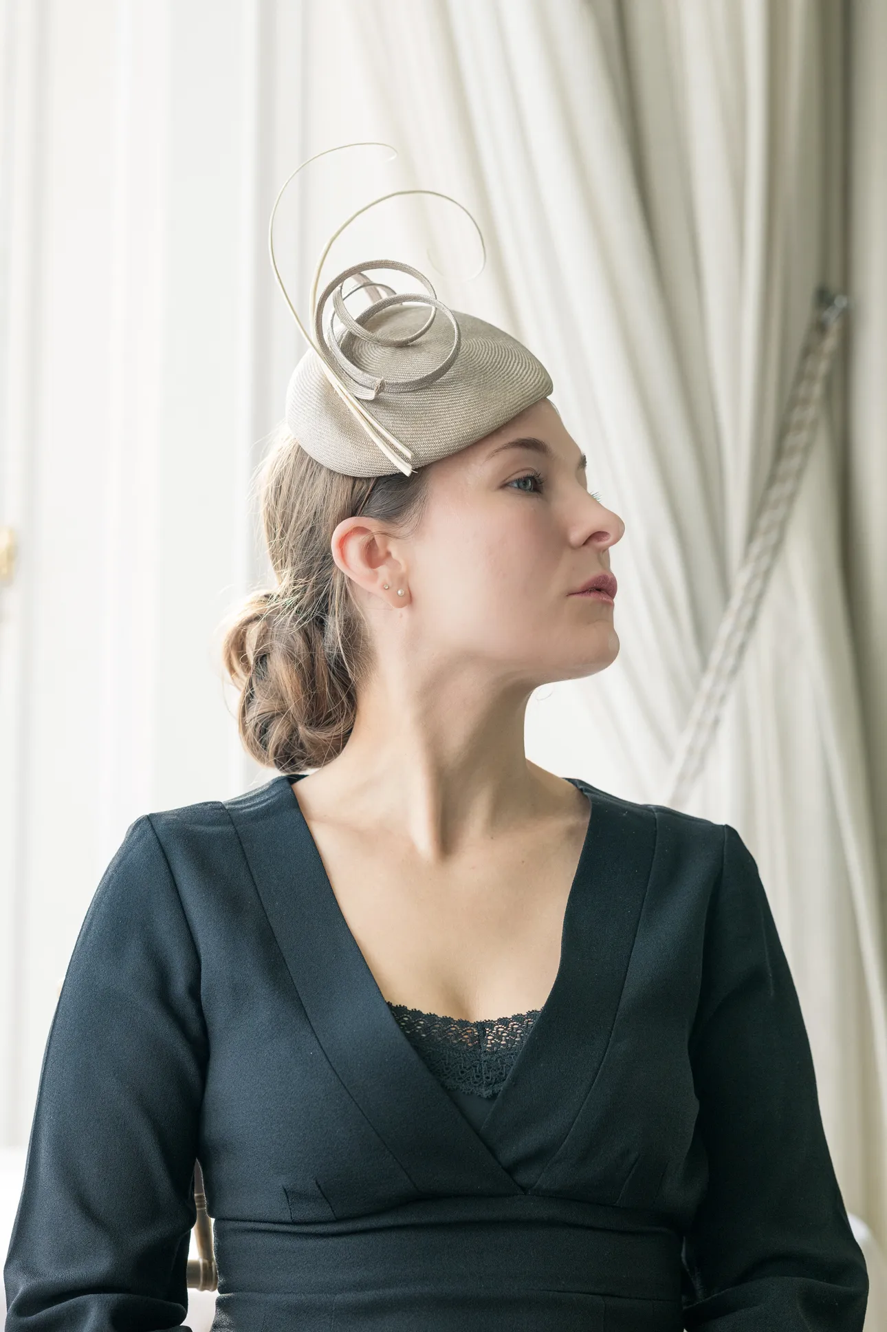 Pillbox Percher with straw swirls and quills