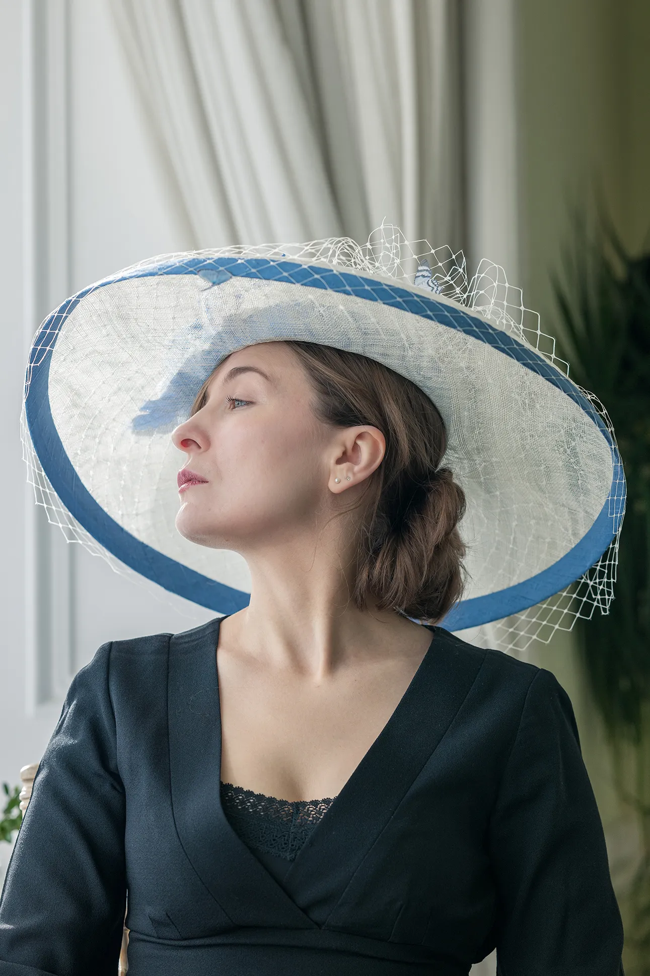 Wide Brimmed Picture Hat with Blue Bind and Silk Flower Spray
