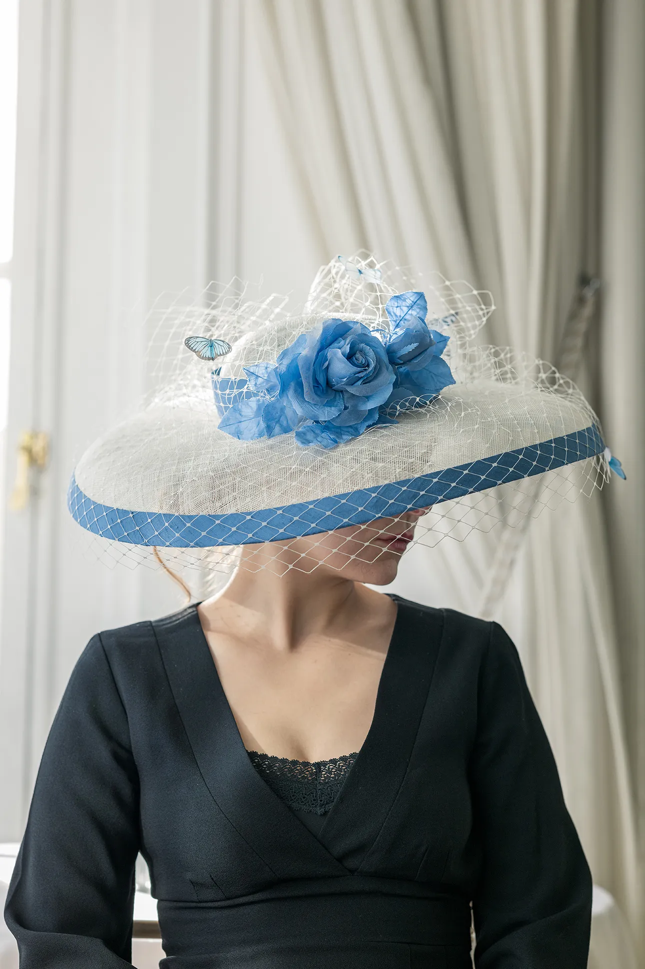Wide Brimmed Picture Hat with Blue Bind and Silk Flower Spray